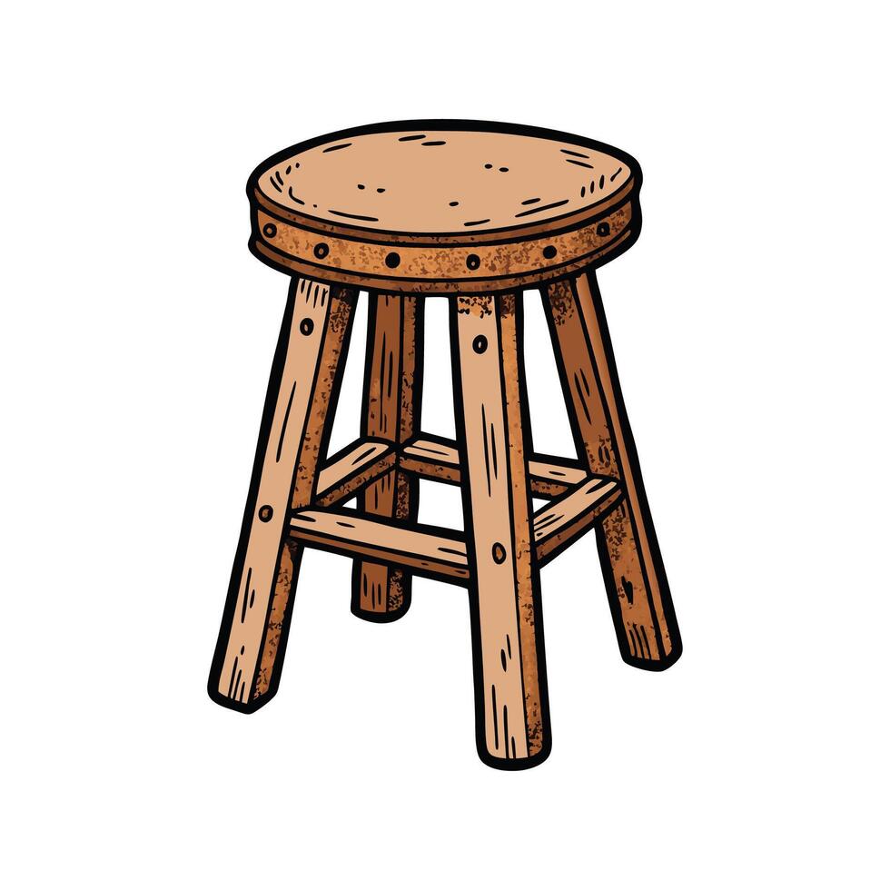 Wooden stool, three legged stool, cartoon style illustration vector
