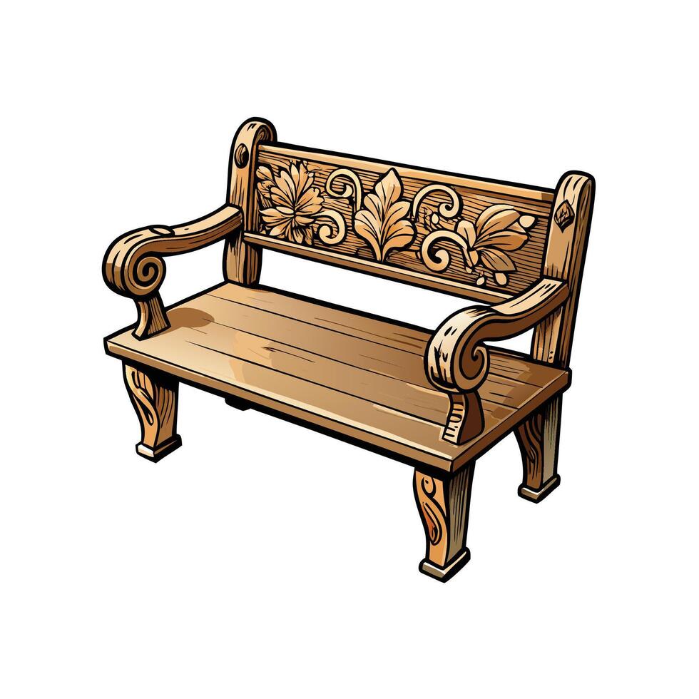 Ornate Wooden Park Bench with Carved Floral Design vector