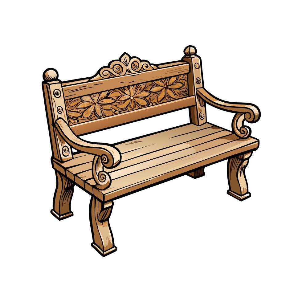Ornate Wooden Garden Bench with Floral Carvings Illustration vector