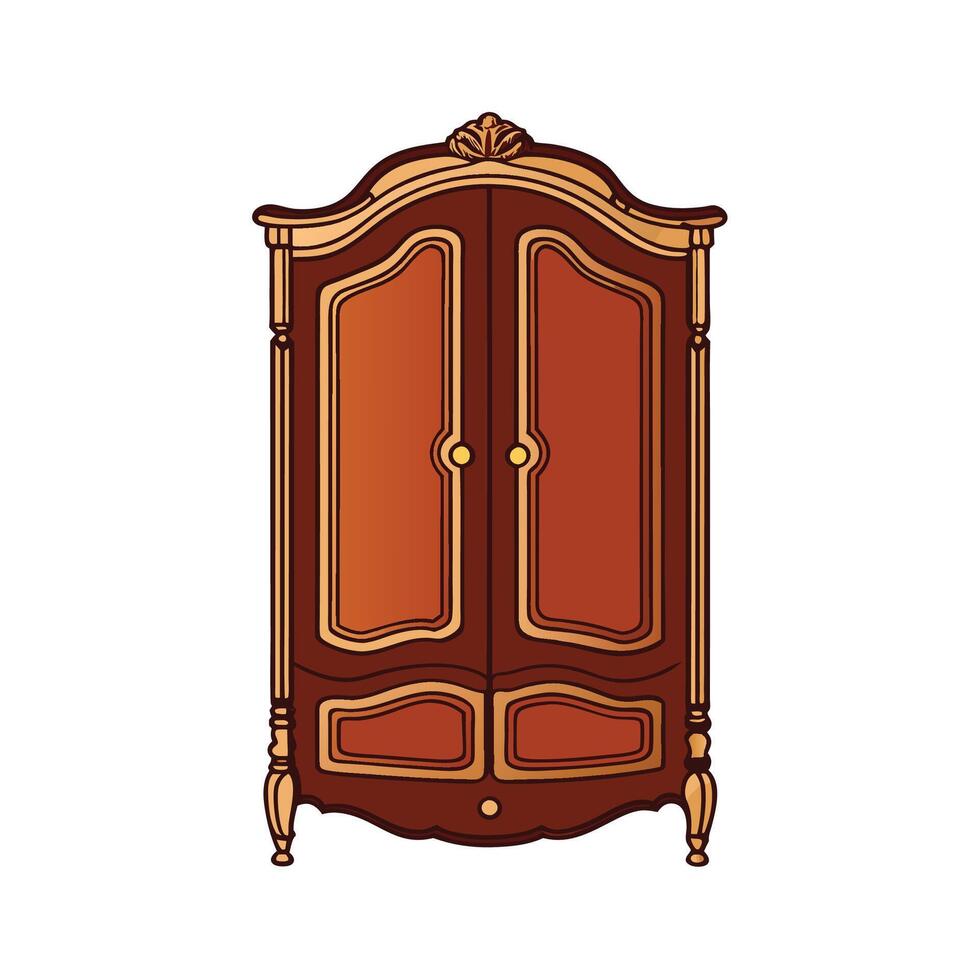Antique Wooden Wardrobe with Gold Details Illustration vector