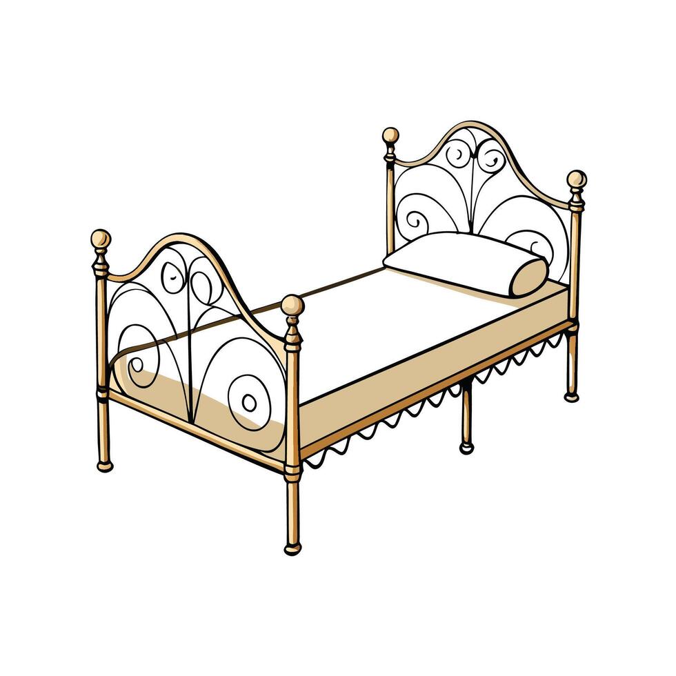 Elegant Wrought Iron Bed with Mattress and Pillow vector