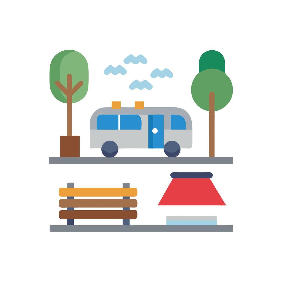 City Park Landscape with Bench, Bus, and Trees vector