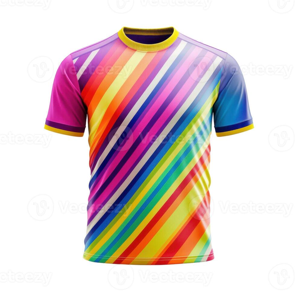 T shirt with rainbow stripes on dark background. Sport jersey front view. Colors include blue, pink, yellow, orange, red and purple. Fabric textures visible. photo