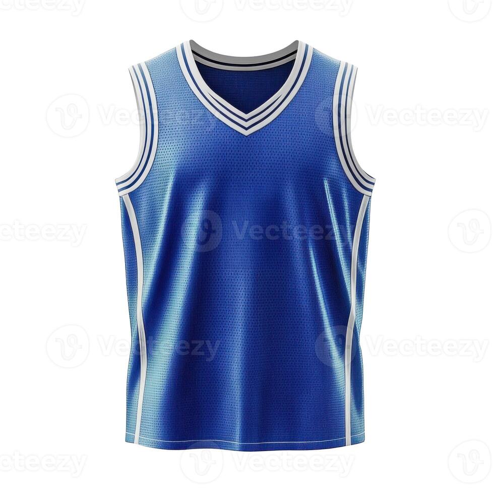 Blue basketball jersey uniform. Sport clothing with white stripes. Sleeveless shirt isolated on black. Textured material design. Close up view of fabric detail. photo