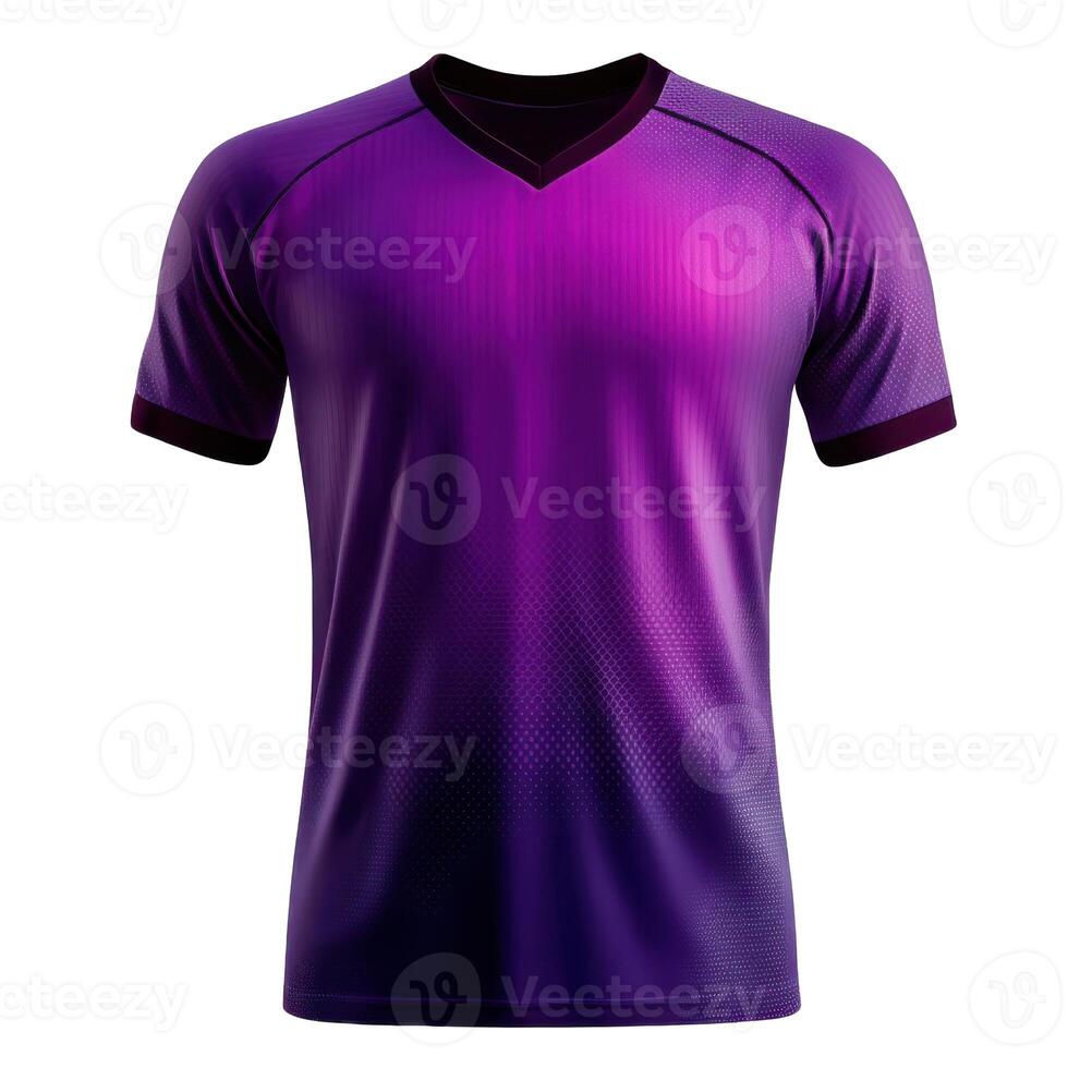 Purple sports jersey. Modern garment for athletic activity. Short sleeves and v neck design. Textile pattern with gradient color. Isolated object on black background. photo
