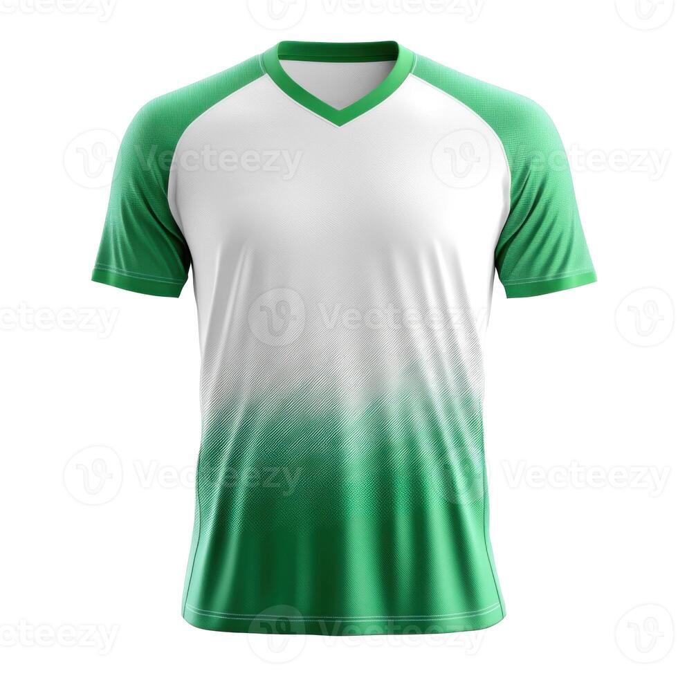 Green and white sports shirt. V neck design. Raglan sleeves. Faded color transition. Uniform for team or individual. Isolated on background. Generic apparel. photo
