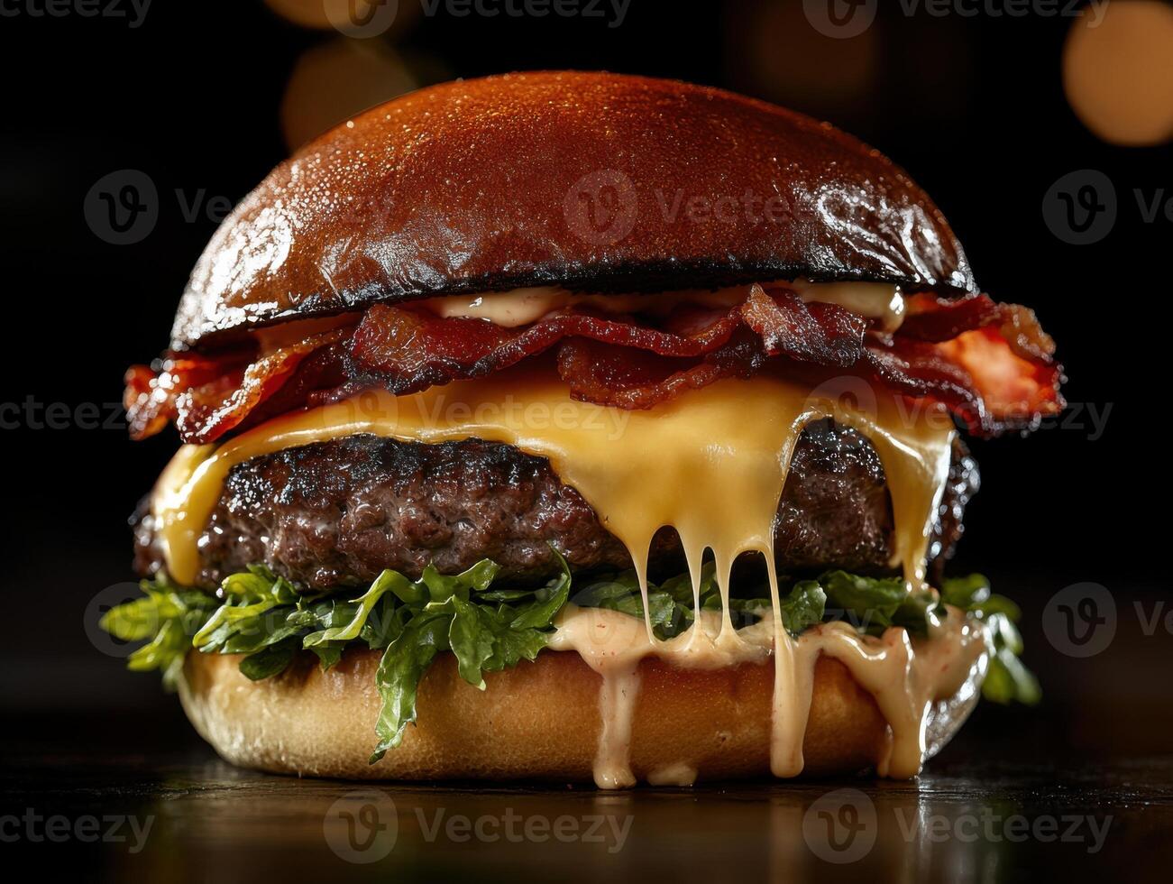 Delicious burger with melted cheese and crispy bacon on toasted bun. Fresh greens and sauce visible against dark backdrop. Close up image. photo
