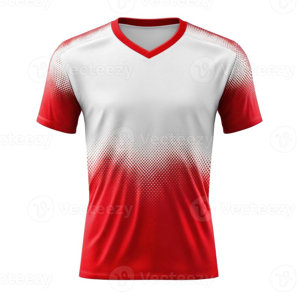 Isolated white and red shirt design. Garment detail with short sleeves and v neck. Fading color scheme and sportswear concept photo