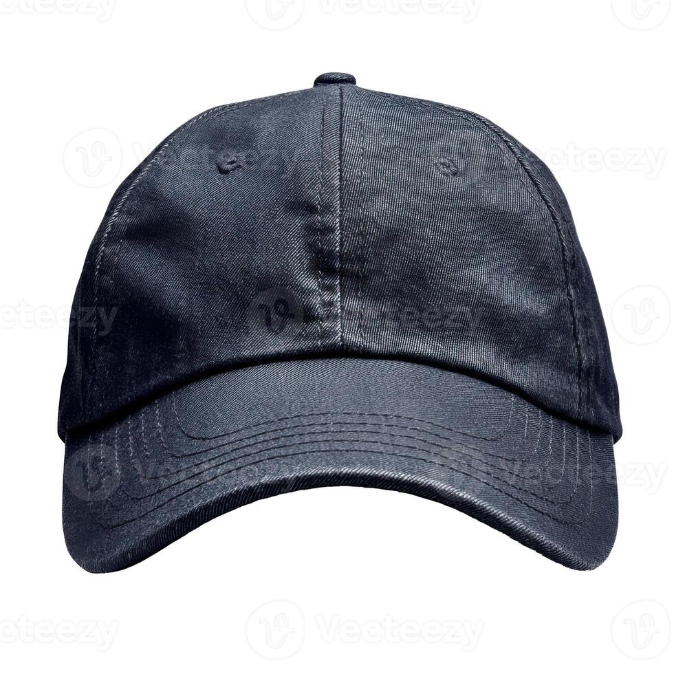 Dark denim baseball cap. Simple style clothing accessory. Cotton fabric headwear on a black studio backdrop. Casual hat with curved brim and adjustable strap. photo