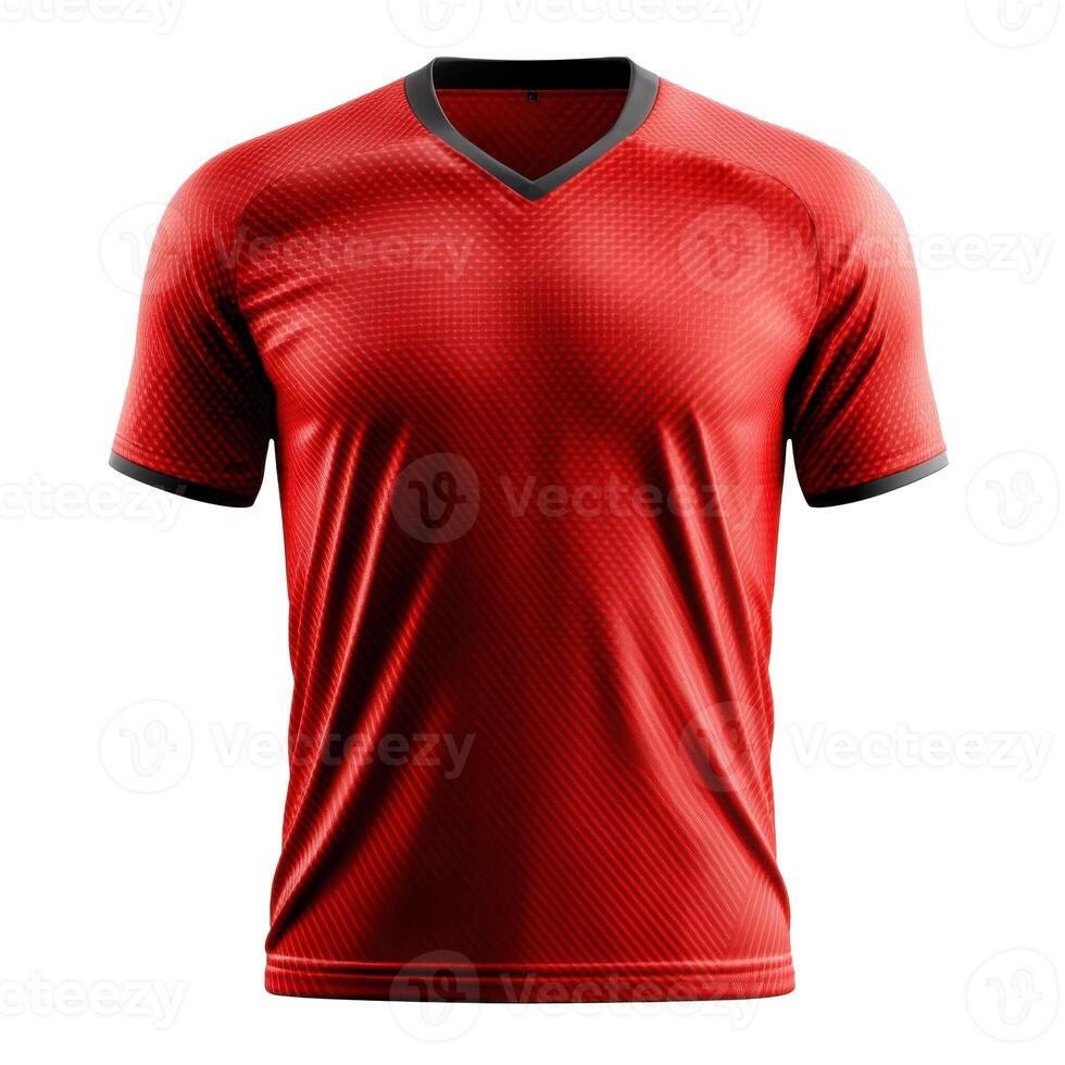 Red sports shirt. Detailed fabric texture with black v neck. Short sleeve jersey on dark background. Sportswear design template. photo