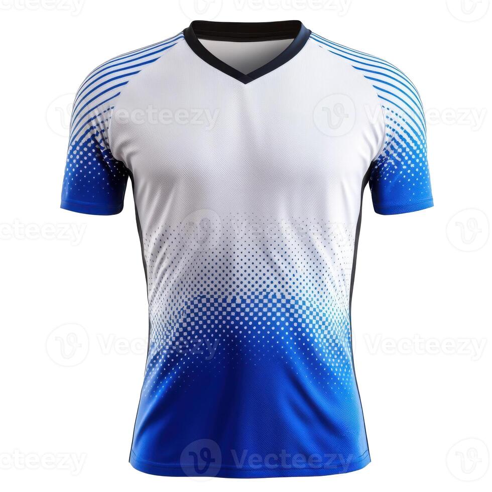 Isolated white shirt with blue fading pattern. Sport style jersey with short sleeves on background. Apparel design template. photo