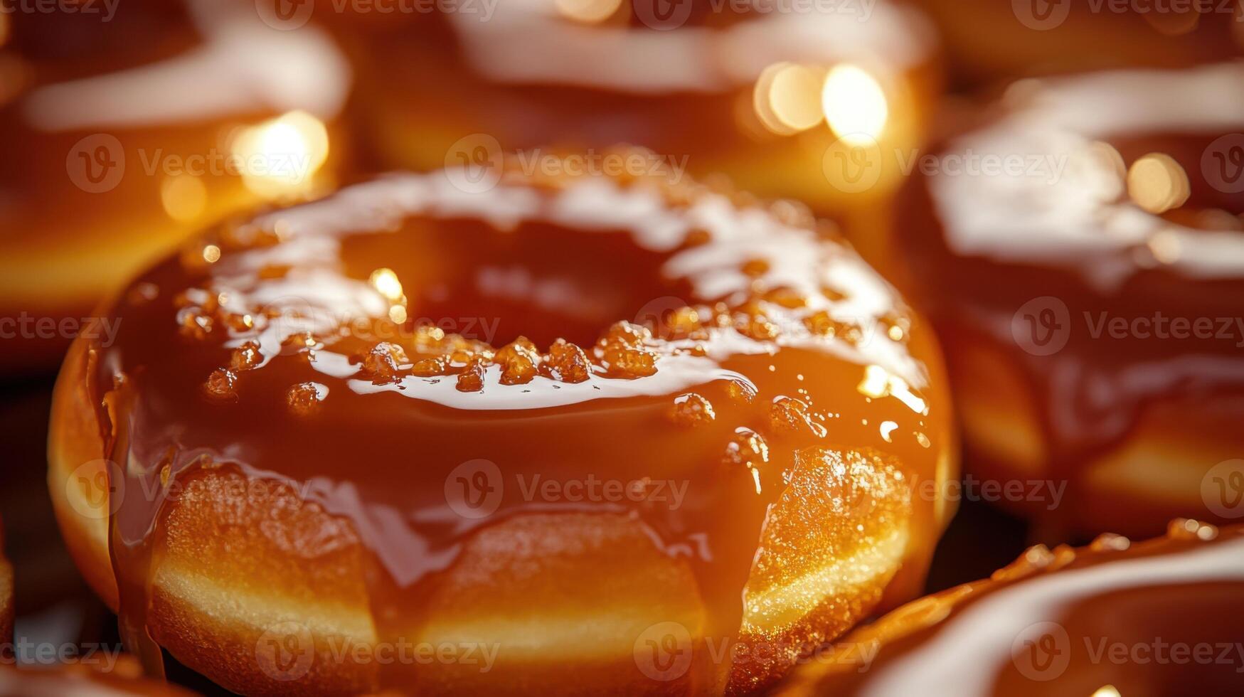 Delicious donuts glazed with caramel sauce. Sweet dessert with sugar. Baked goods on a table. Golden pastry with shiny topping in a bakery. photo