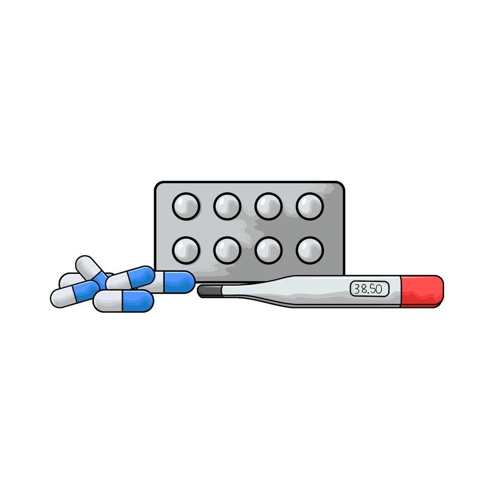 illustration of pill with digital thermometer vector