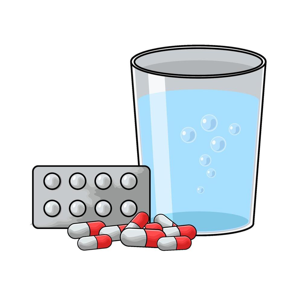 pills with a glass of water vector