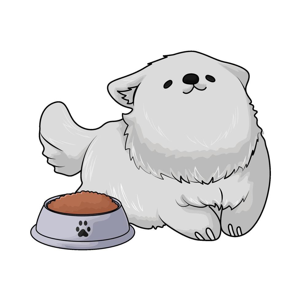 white dog lying with food bowl vector