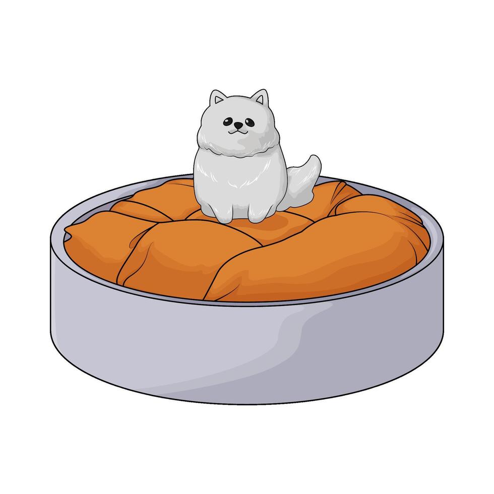 illustration of white dog sitting on bed vector