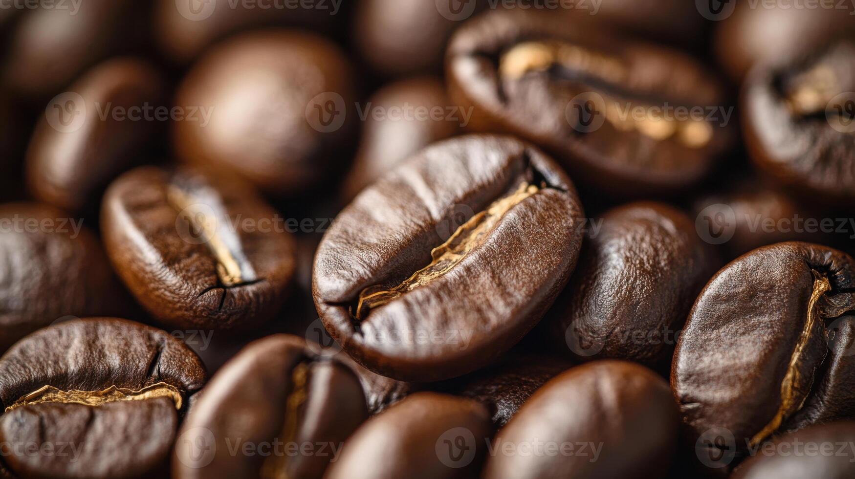 Close up of many dark brown roasted coffee beans. Smooth, glossy surface with a shallow depth of field and golden textures highlighted. photo