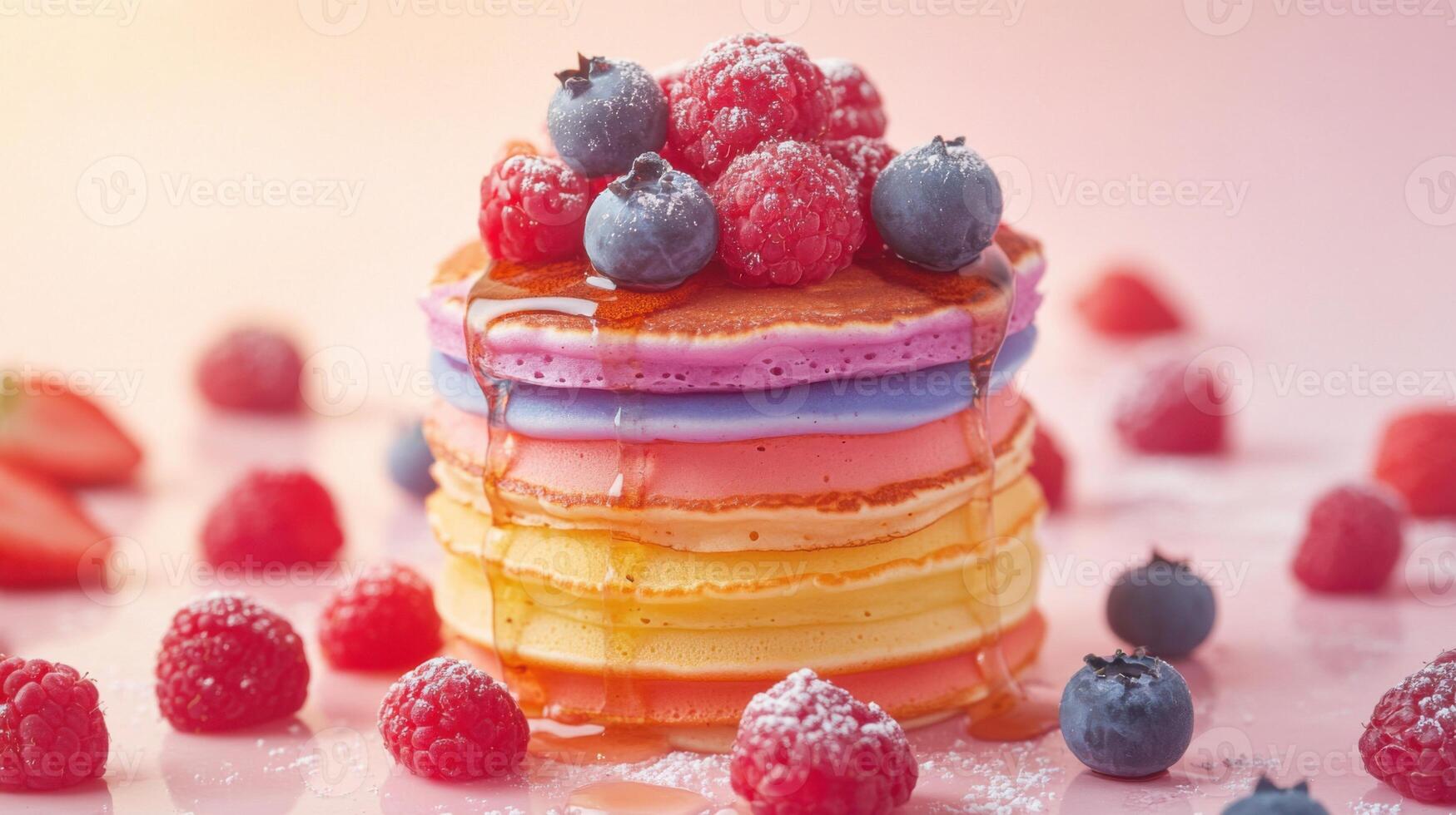 Colorful pancakes stack on pink background. Maple syrup flows down. Raspberries and blueberries top the pancake tower. Berries scattered around. photo