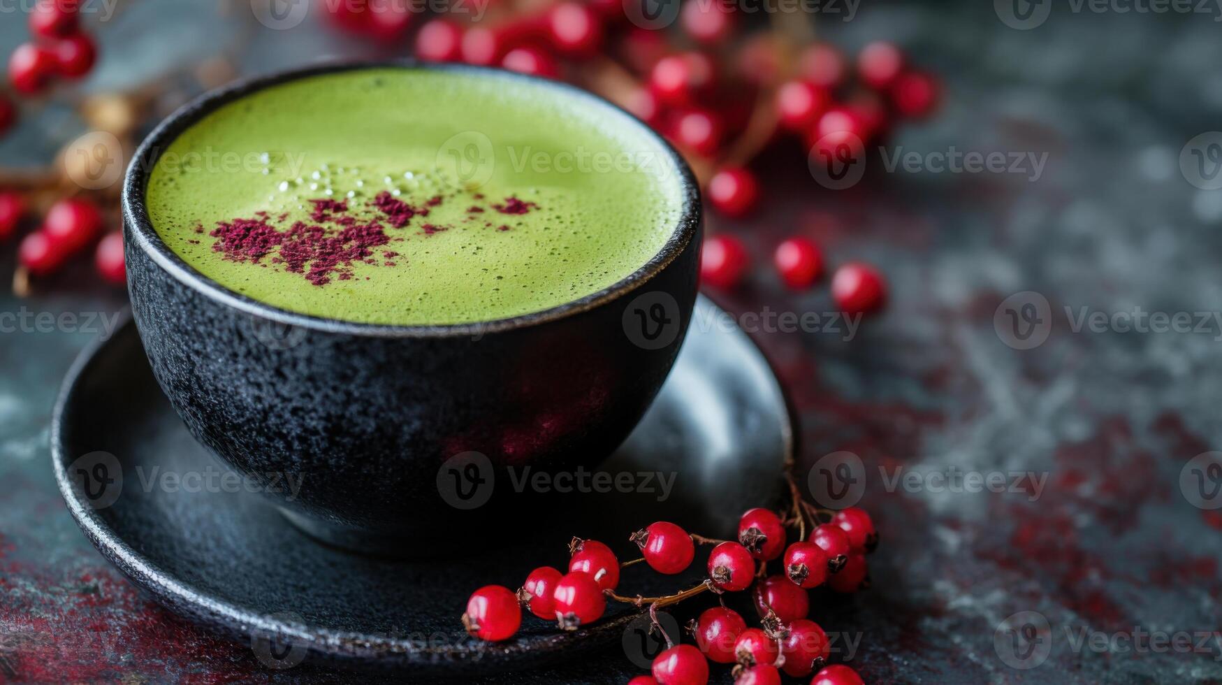Green matcha tea in dark bowl on plate. Red berries surround the drink on a dark textured surface. Focus on vibrant beverage and berries. photo