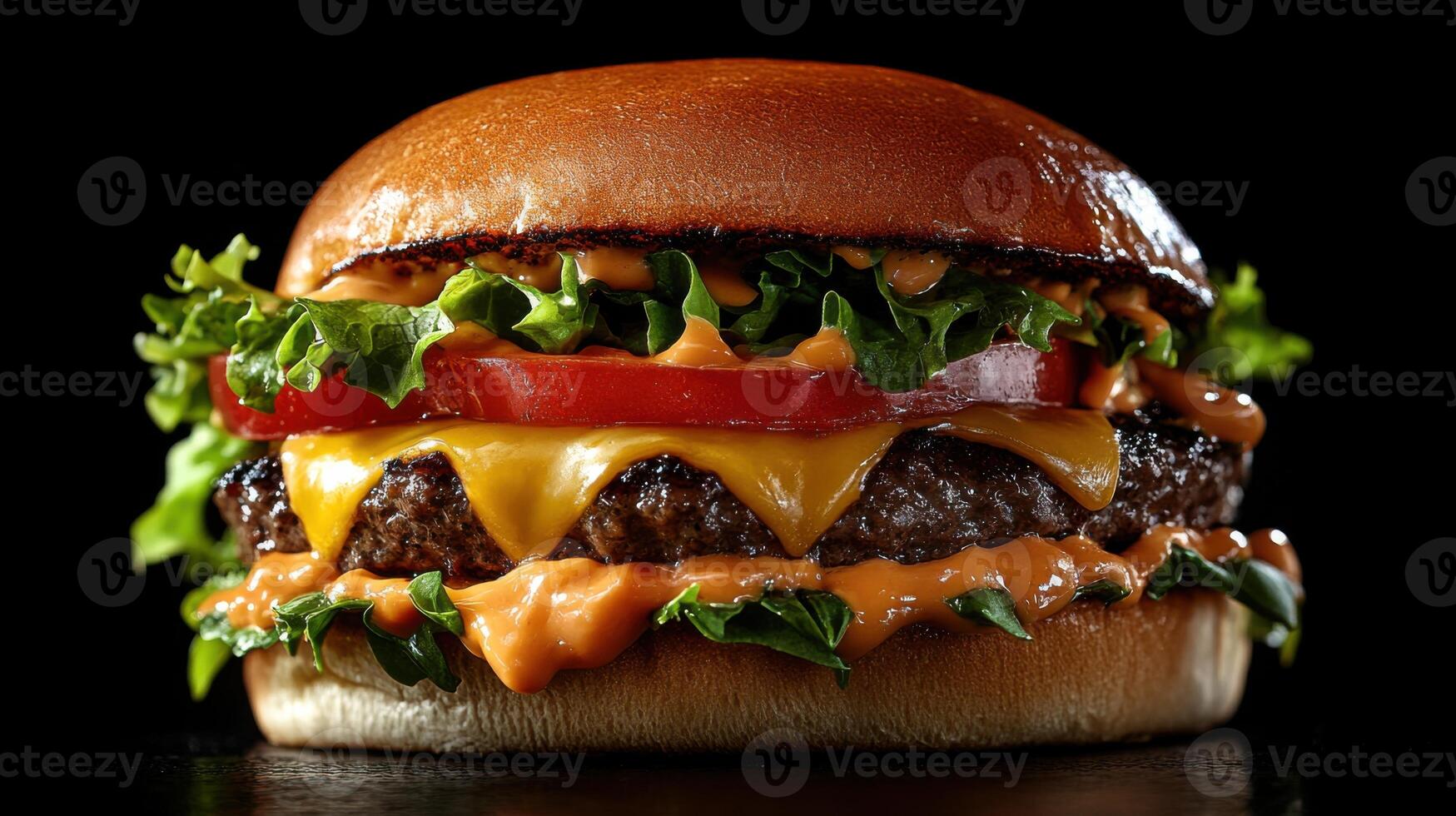 Delicious burger with cheese tomato and lettuce. Burger on black background. Close up of burger with sauce. Fresh tasty burger. photo