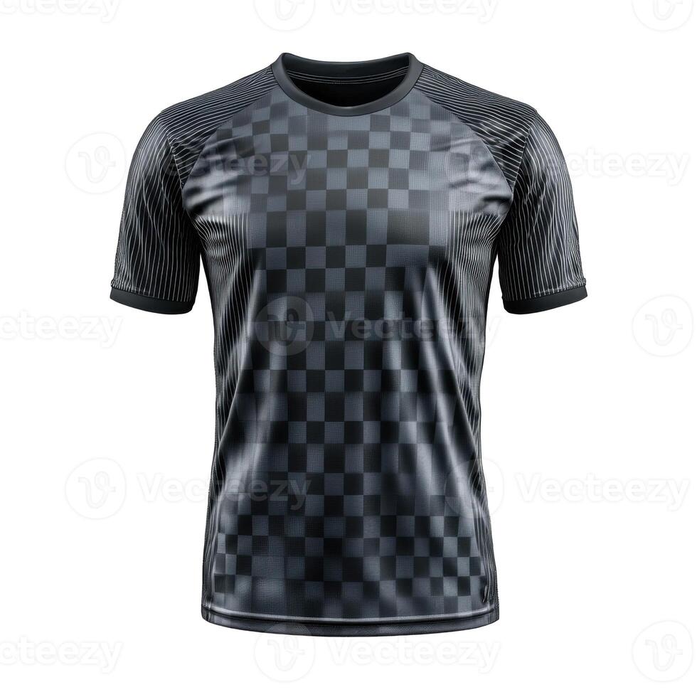 Dark shirt with a checkered pattern. Sportswear top with short sleeves. Garment on a black background. Stylish clothing with detail. photo