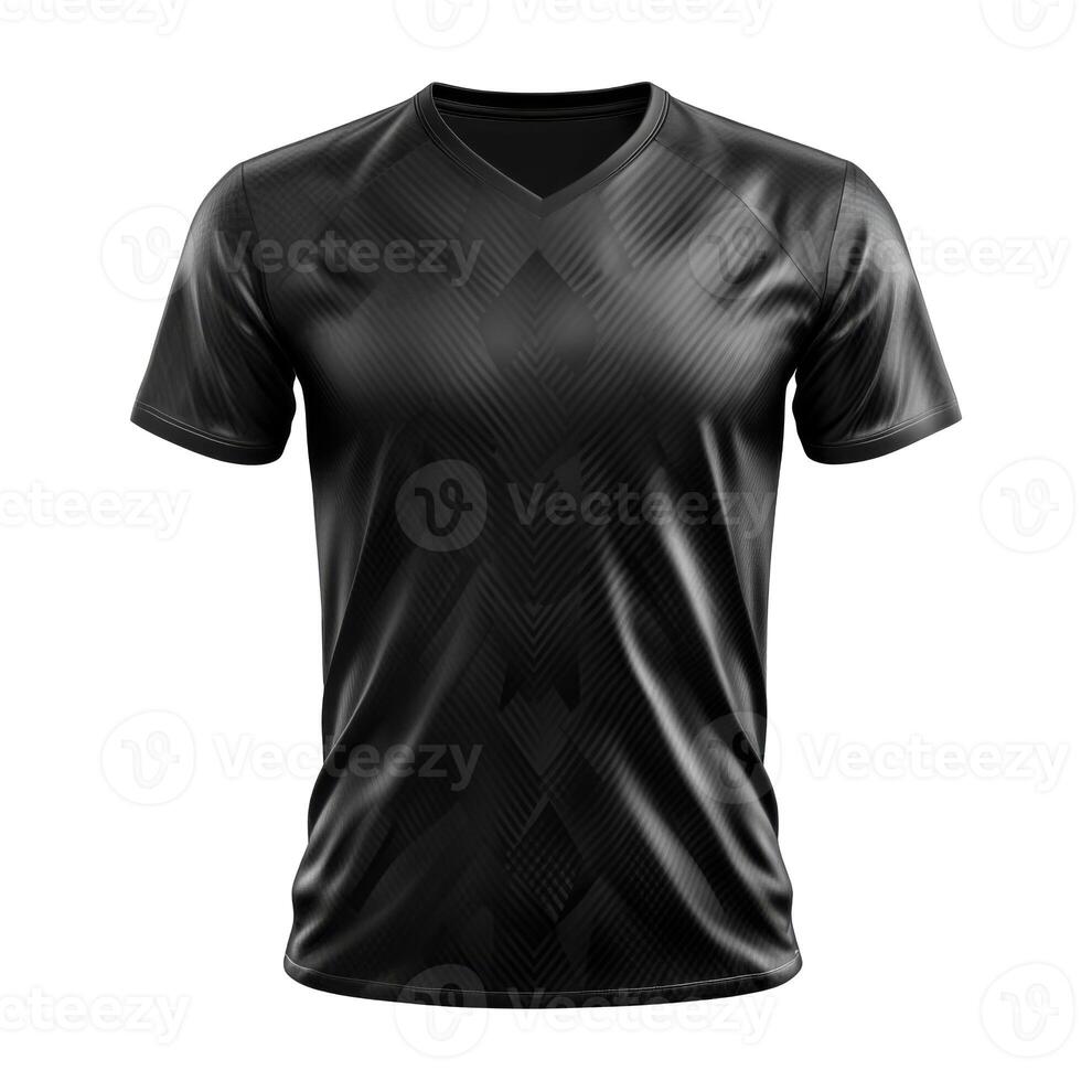 Isolated black short sleeve shirt. V neck apparel with abstract pattern. Dark textile on a black background. Casual clothing design. photo