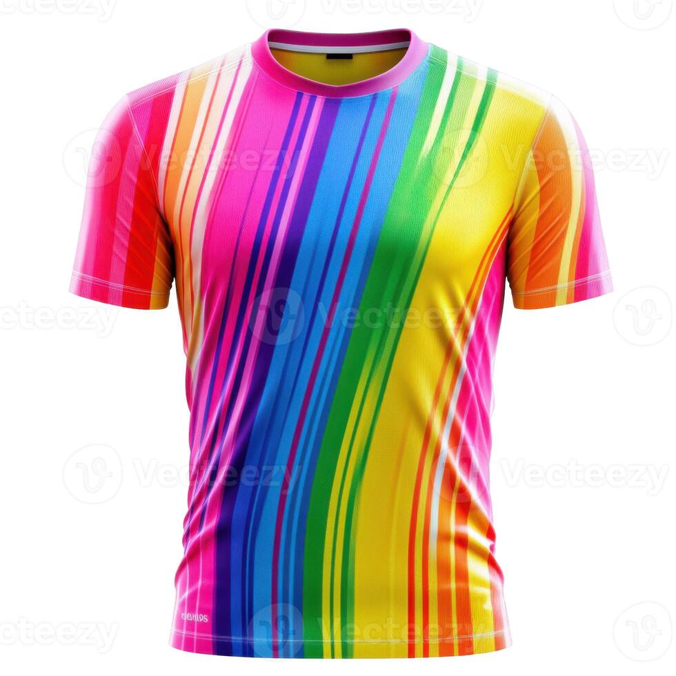 T shirt display with rainbow colors and a casual style on black background. Cloth texture design with diagonal strips of light. photo