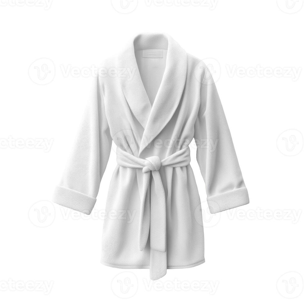 Clean white terry cloth bathrobe. Soft robe with tie belt. Bath apparel concept. Relaxing spa robe on a plain background. Fluffy garment item. photo