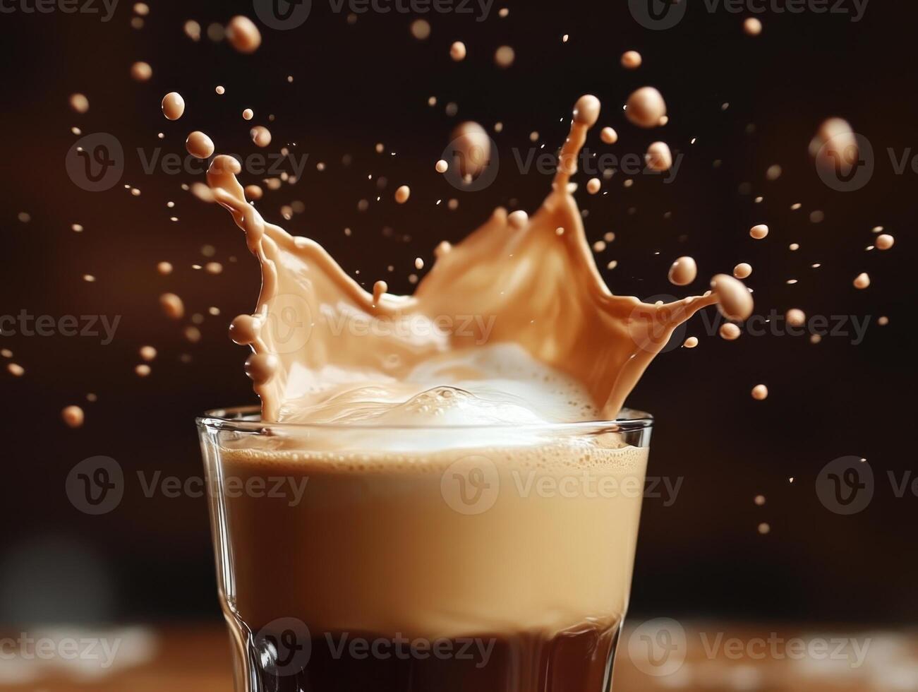 Glass of coffee with milk. Splashes of liquid in air. Brown drink with foam. Dark background with floating drops. Refreshment in a glass. photo