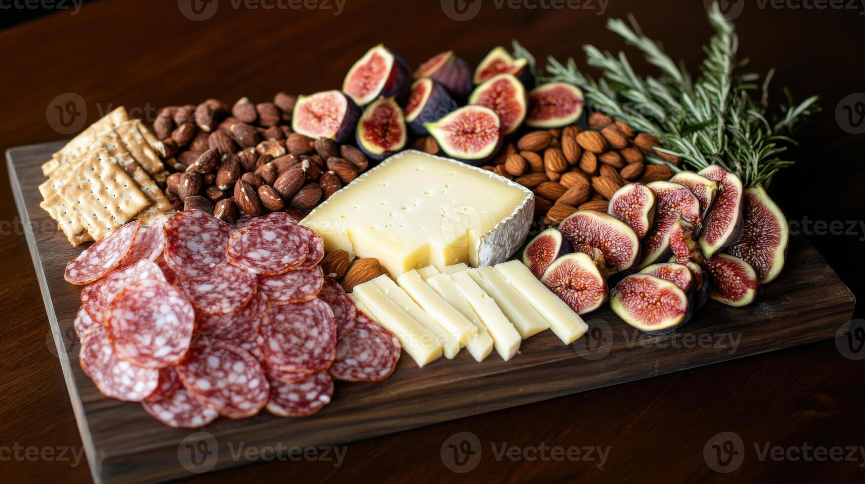 Wooden board displays salami crackers cheese figs almonds and rosemary. Food arrangement with salami appetizer rustic dark background. Delicious savory snack assortment. photo