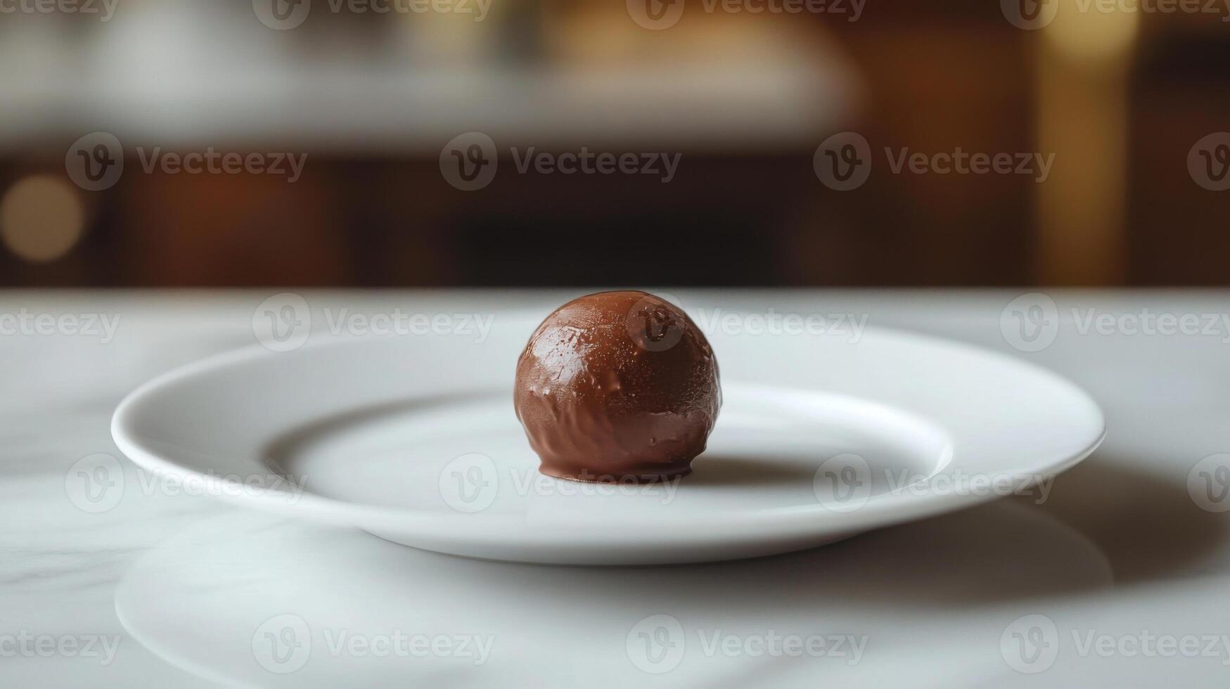 Chocolate truffle sits alone on a white plate. The scene is simple with a clean background. Delicious treat ready to be enjoyed. photo