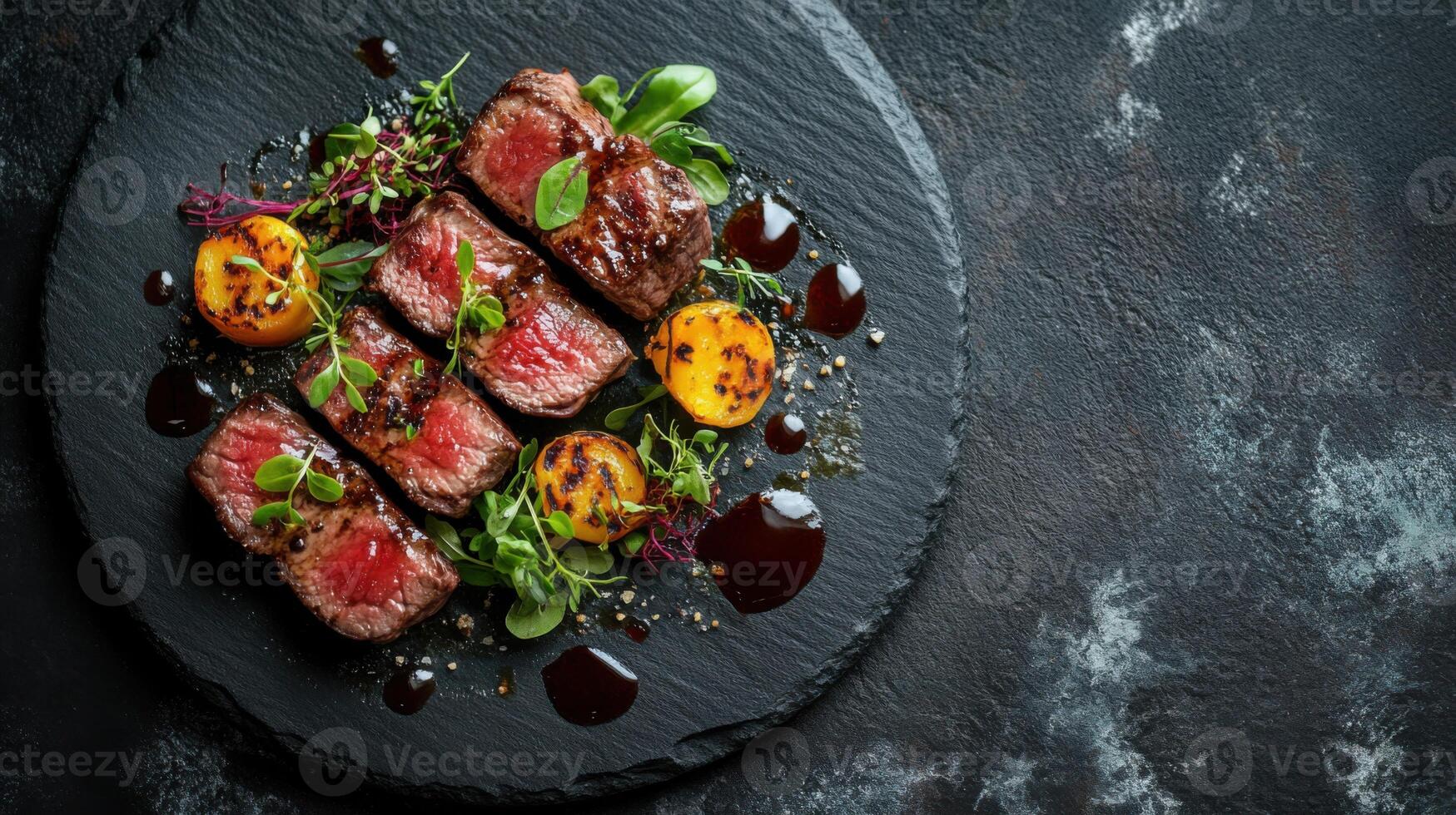 Sliced tender beef steak served on dark plate with grilled fruit herbs and dark sauce. Gourmet meat meal with red core and nice garnish. photo