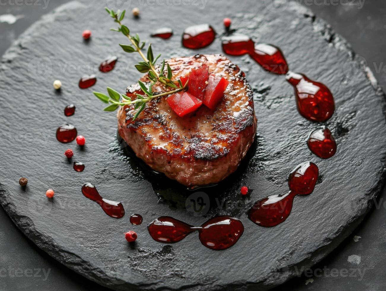 Grilled steak rests on dark stone plate. Red sauce circles the meat, topped with thyme and red garnish. Pepper and spice decorates surface. photo