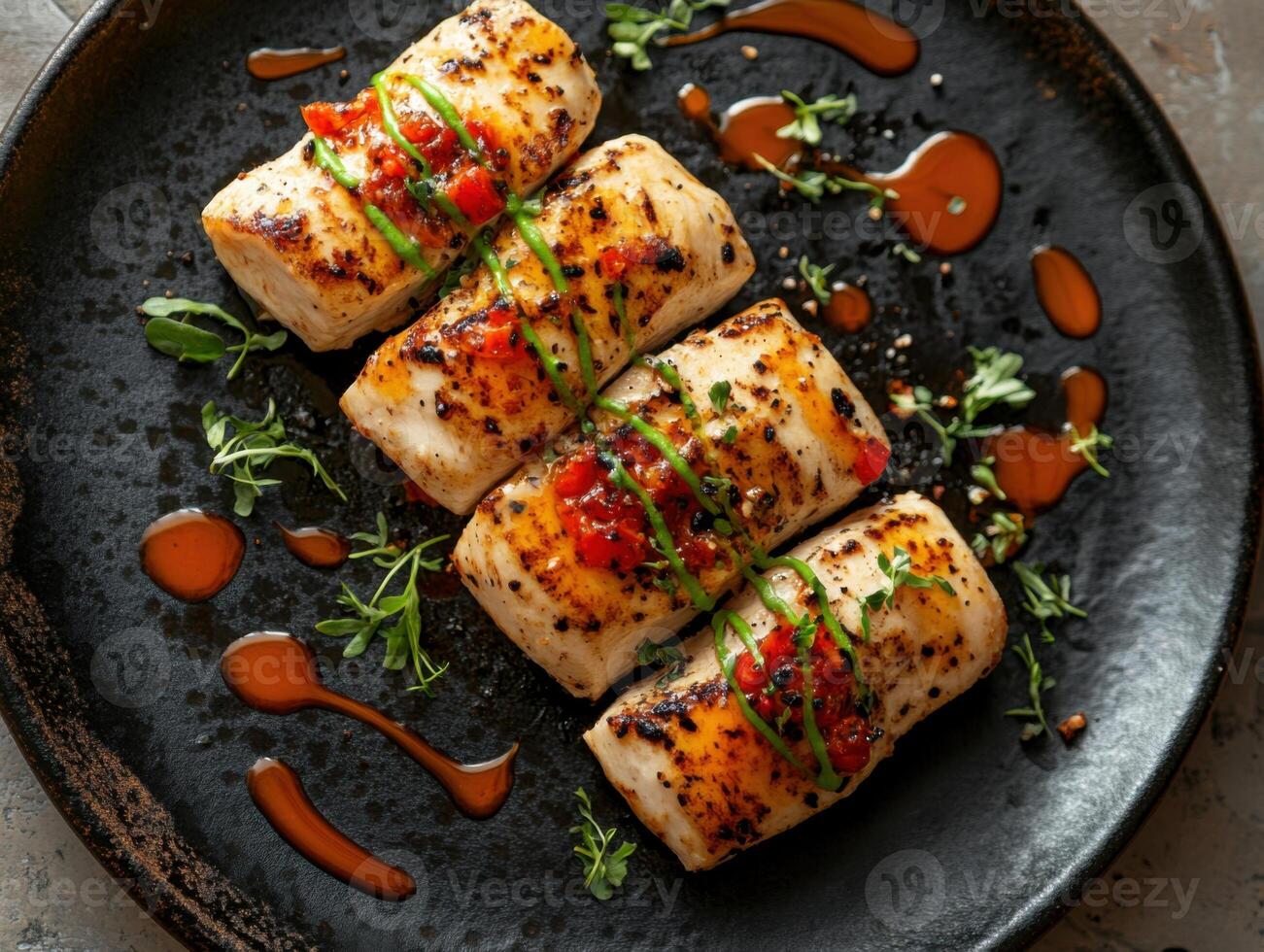 Grilled white fish pieces on dark plate. Red and green sauce drizzle with herb garnish and sauce droplets on stone surface. photo
