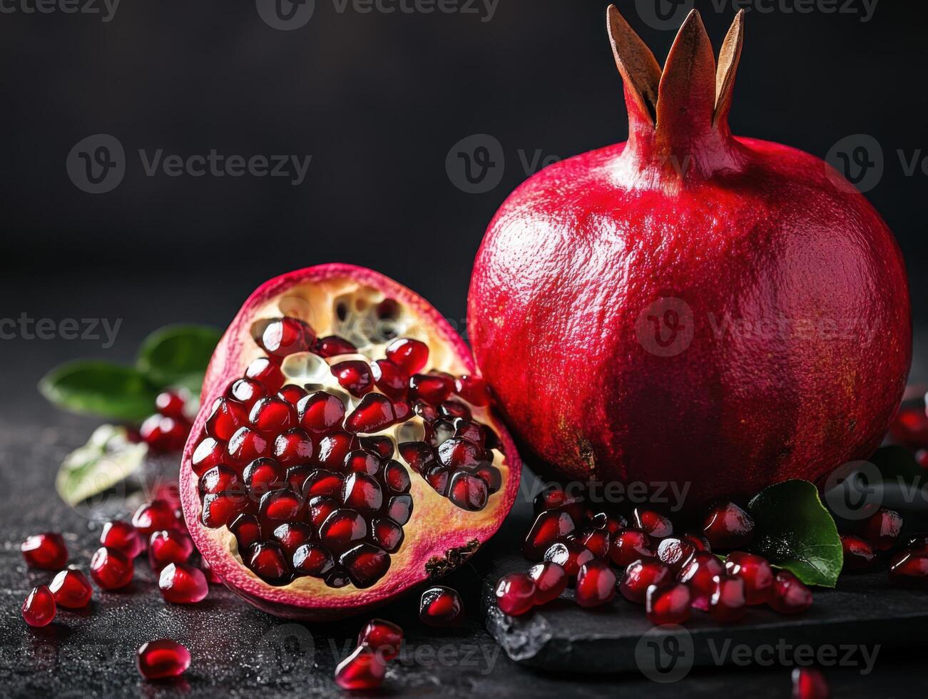 Ripe pomegranate fruit. Half cut pomegranate showing seeds. Whole pomegranate and loose seeds on dark surface. Healthy food still life. photo