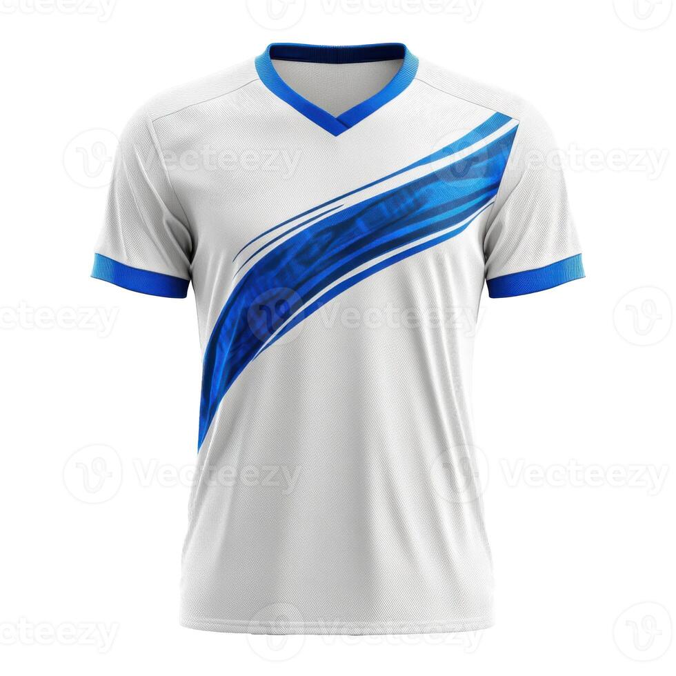 White shirt with blue stripe. Short sleeves and v neck. Sport clothing. Isolated object against background. Jersey fabric pattern. photo