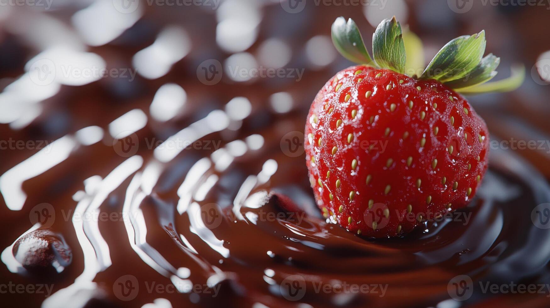 Fresh red strawberry rests in a swirl of rich dark chocolate. Small chocolate chips are scattered around with bright light reflecting off the ripples. photo