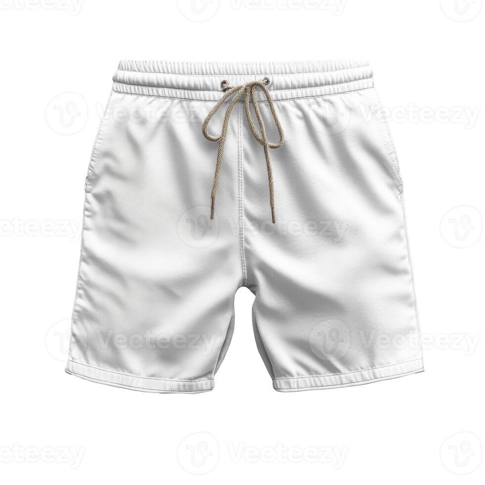 White casual shorts with a drawstring on background. Summer clothing item, relaxed fit, sport or beach apparel. Apparel design element. photo