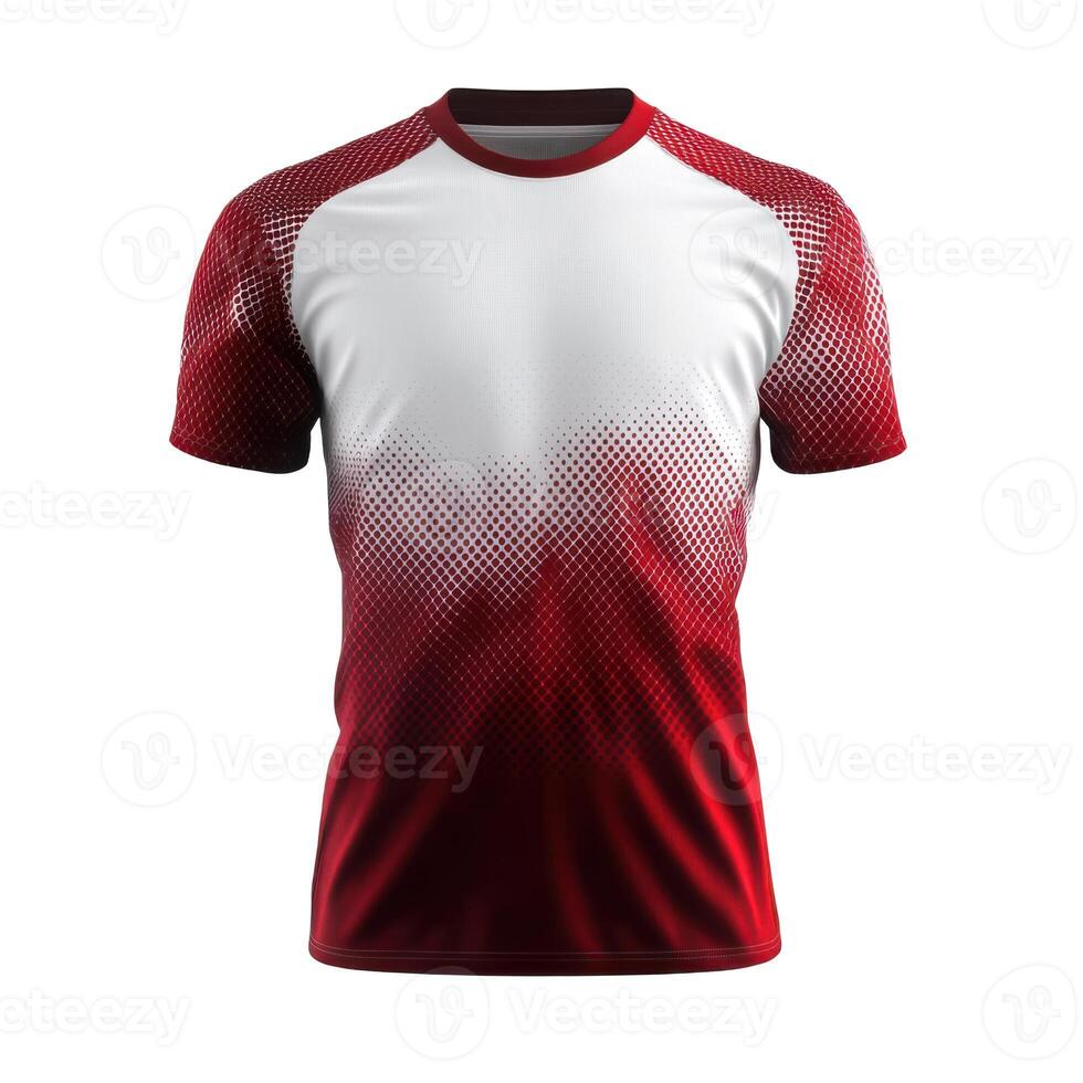 Red and white jersey with dotted pattern. Sports apparel on background. Close up shot of shirt. Textile material. Digital rendering. photo