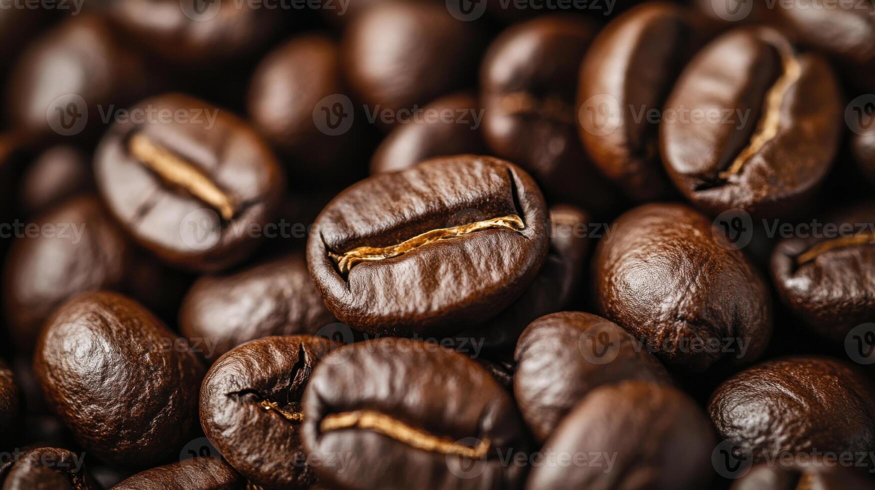 Close up of roasted brown coffee beans. Pile of aromatic coffee grains showing textures. Dark beverage ingredient macro photograph. photo