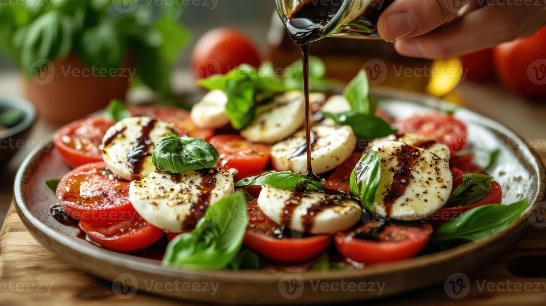 Fresh caprese salad. Balsamic glaze is poured over sliced tomatoes, soft mozzarella, and basil on a plate. Ready to eat. photo