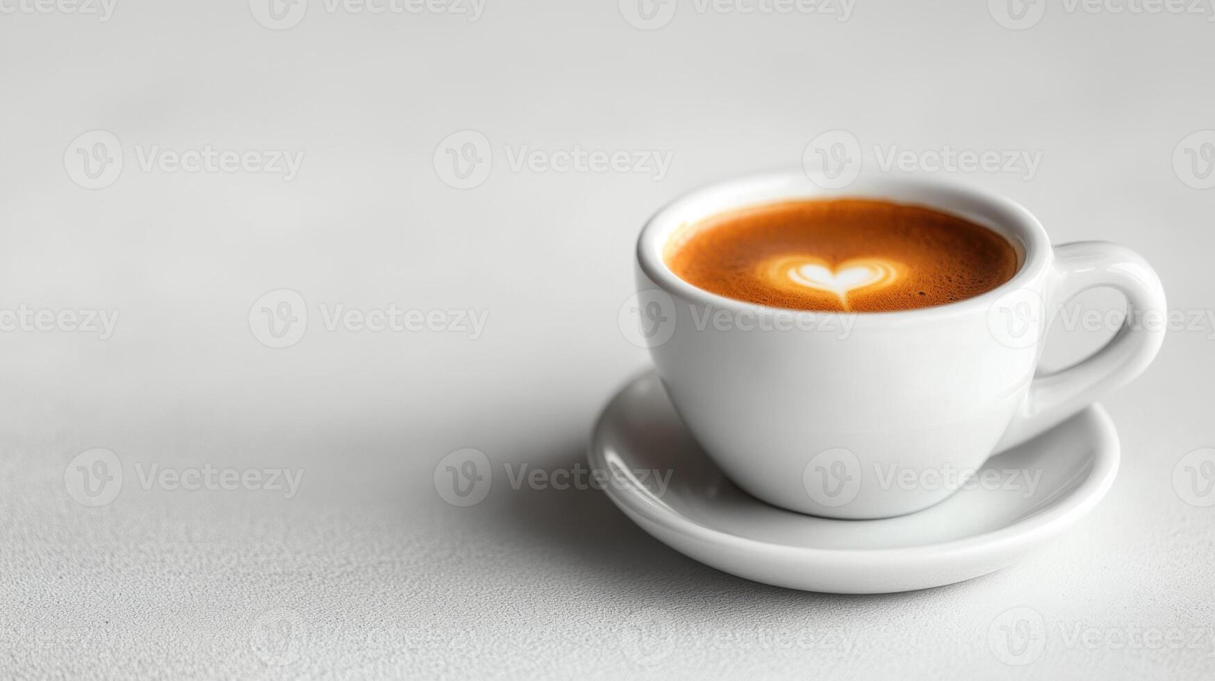 Espresso in a white cup with heart shaped latte art on a white surface. Small coffee drink with creamy design. photo