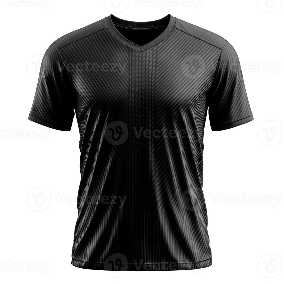 Black V neck sport shirt. Dark textured athletic jersey. Short sleeve apparel. Fitness clothes isolated on black. Fashion design template. Close up view. photo
