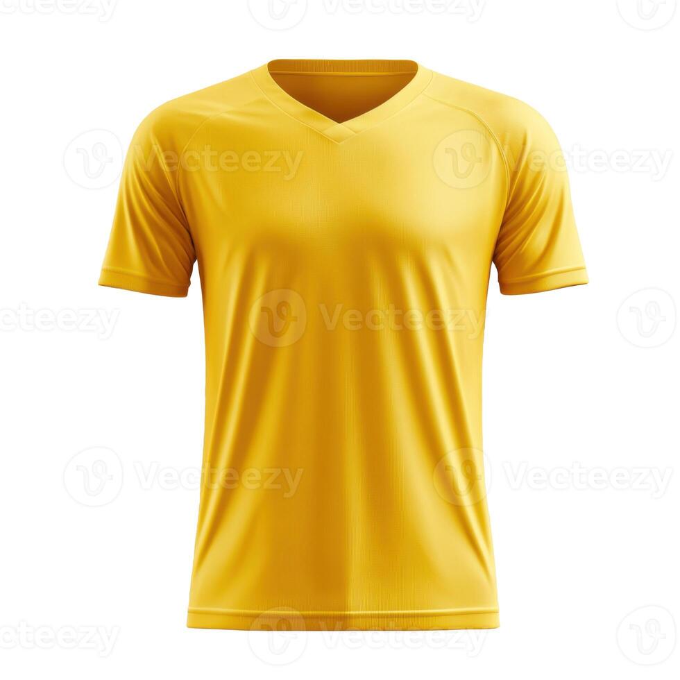 Yellow shirt on background. Short sleeve shirt. V neck style shirt. Fabric texture. Sport uniform design. Apparel concept. Fashion clothing. Studio shot. photo