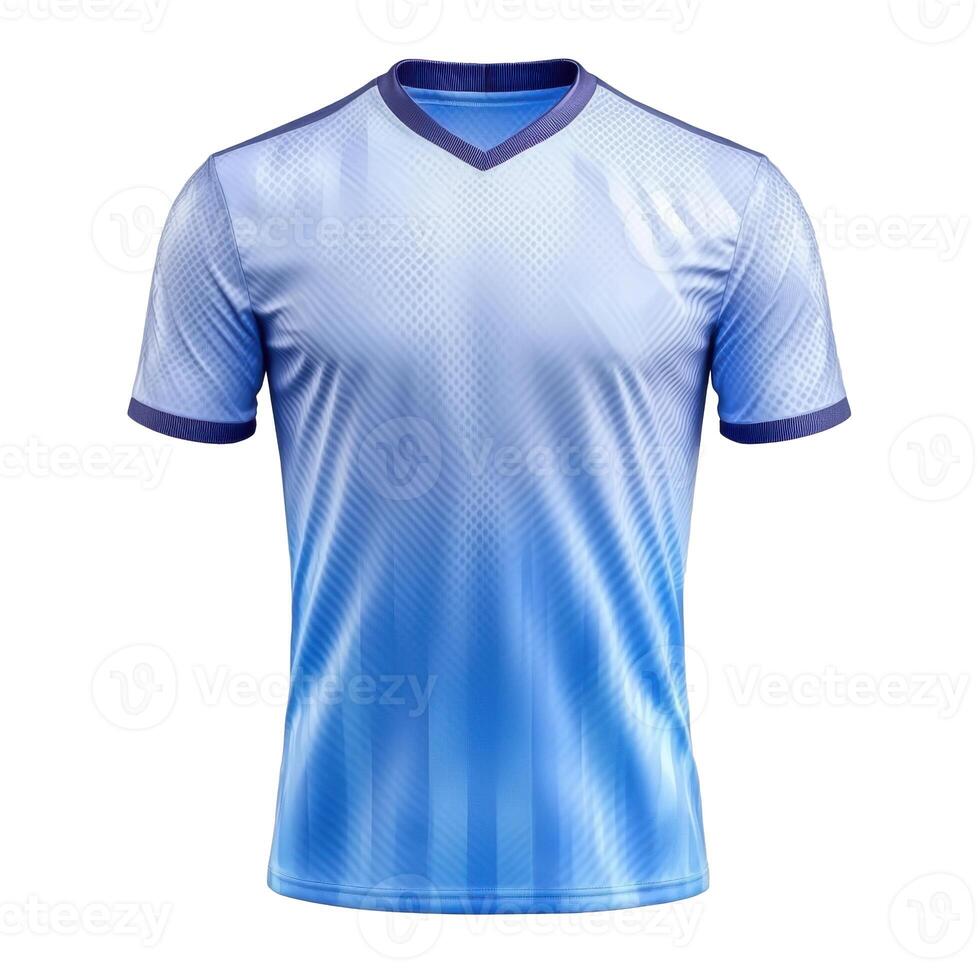 Blue athletic shirt. Gradient pattern on fabric. V neck style. Jersey style apparel for sports. Short sleeves isolated on black background. photo