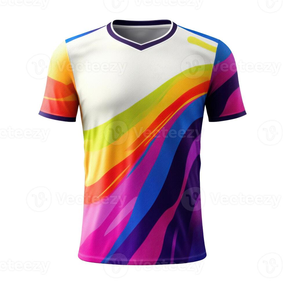 Colorful shirt design. White top with rainbow stripes flowing diagonally. Modern athletic jersey for sports or casual wear. Isolated against black background. photo