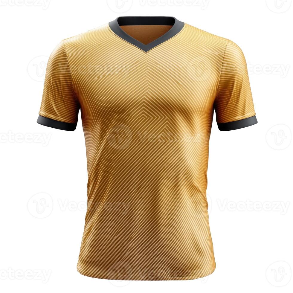 Isolated sport shirt. Golden jersey with v neck on black background. Pattern with parallel and diagonal lines. Realistic fabric texture. Textile design. photo
