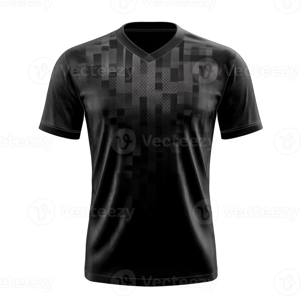 Black T shirt displays modern square pattern. V neck shirt. Textile texture on a dark background. Apparel product for sports or casual wear. photo