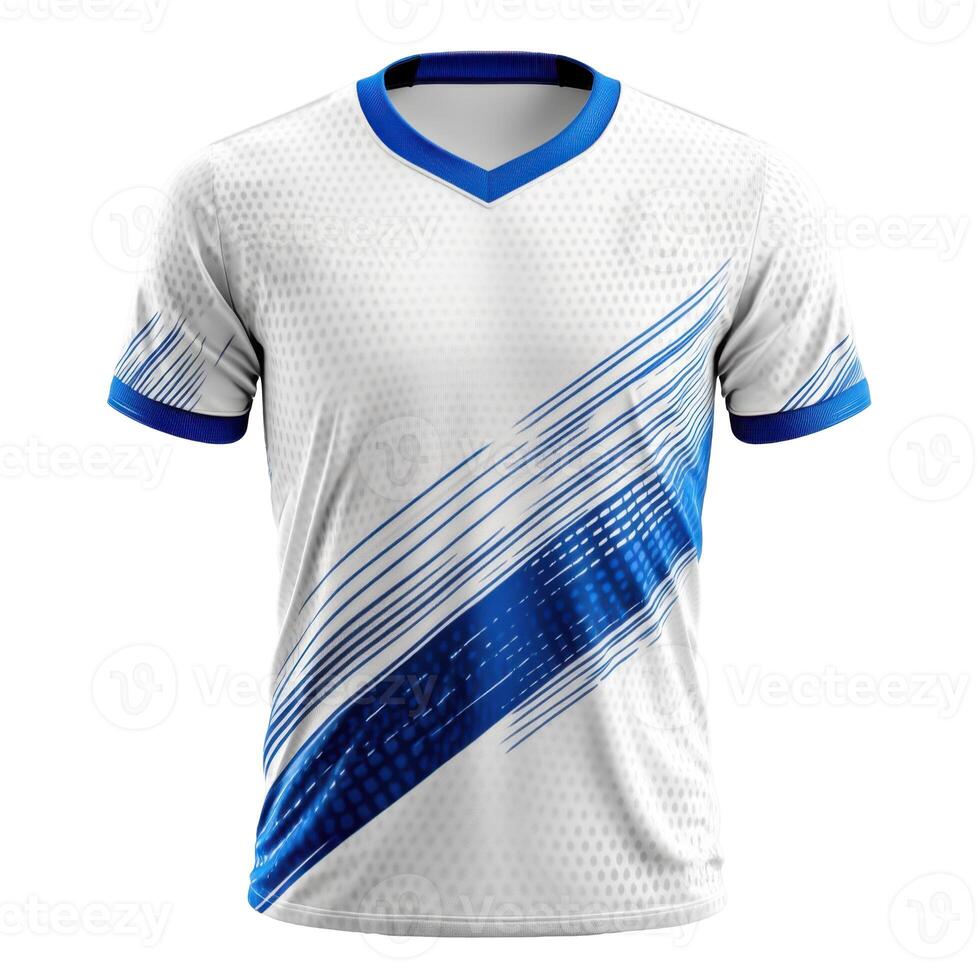 White jersey shirt with blue lines pattern. V neck top with short sleeves on a background. Apparel design. photo