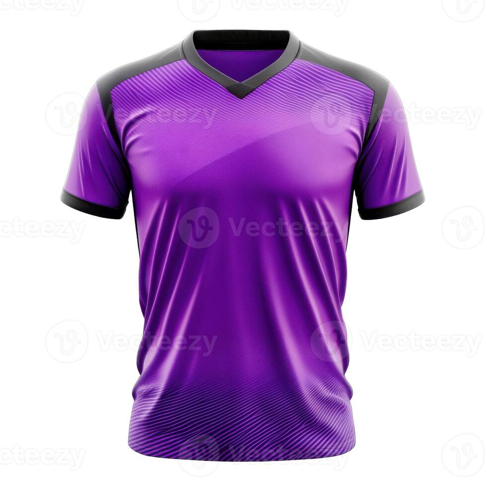Purple t shirt detail against black background. Sport uniform with texture and design element. Short sleeves apparel on display with v neck. photo
